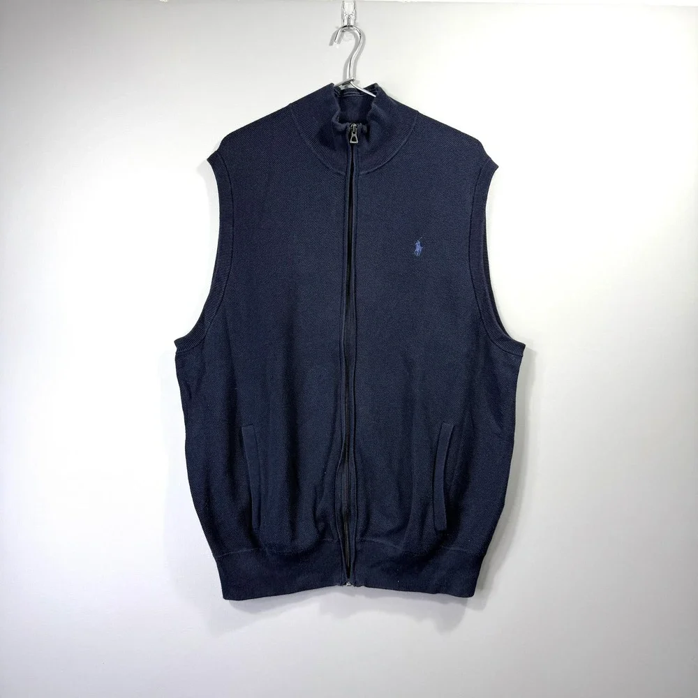 Polo Ralph Lauren Sweater Vest Mens 2XL Blue Full Zip Mock Neck Pima Cotton Logo